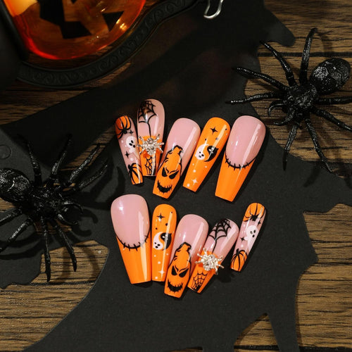 24 PCS Press On False Nails Short Medium Length Full Cover Acrylic Fake Nails Almond Shaped Ballerina Nails Cute Pumpkin Bat Ghost Spider Reusable Nails Nail Salons Home DIY