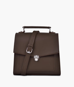Women’s Push Lock Messenger Bag – Faux Leather Dark Brown