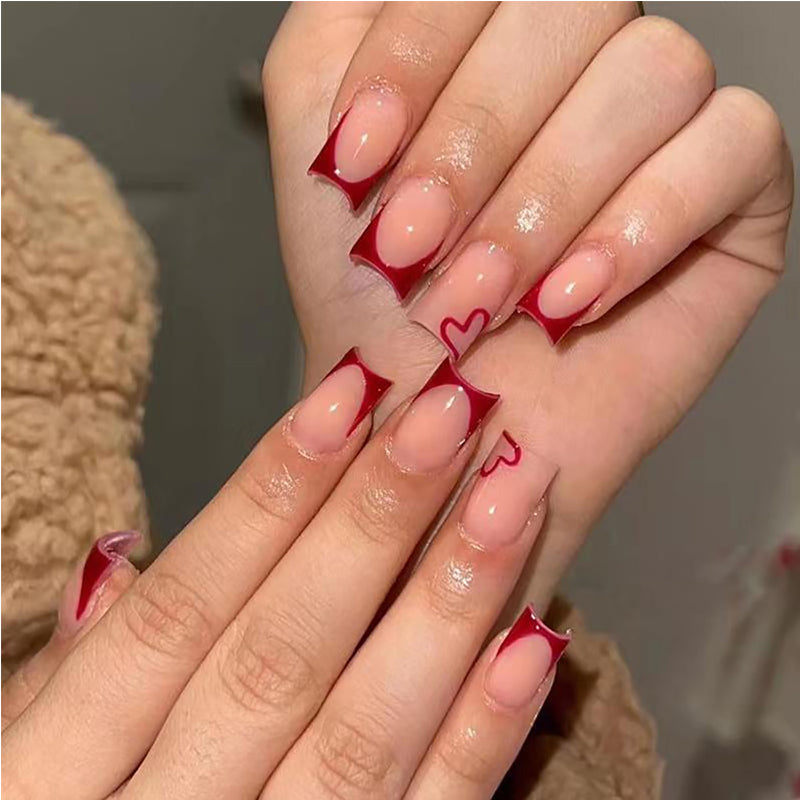 24 PCS Valentine's Day Press On Nails, French Tip Medium Square Wine Red Heart Fake Nails Natural Fit Gel Acrylic Nails, Glue On Nails False Nail Set
